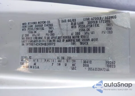 2003 Ford E-150 Commercial from USA, damaged, VIN 1FTRE14243HB30072